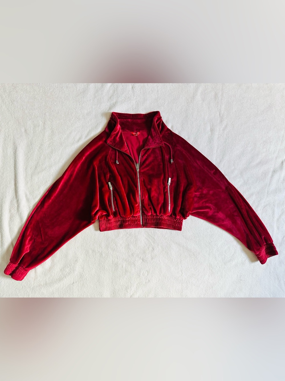 Guess Red Velvet Cropped Bomber Jacket